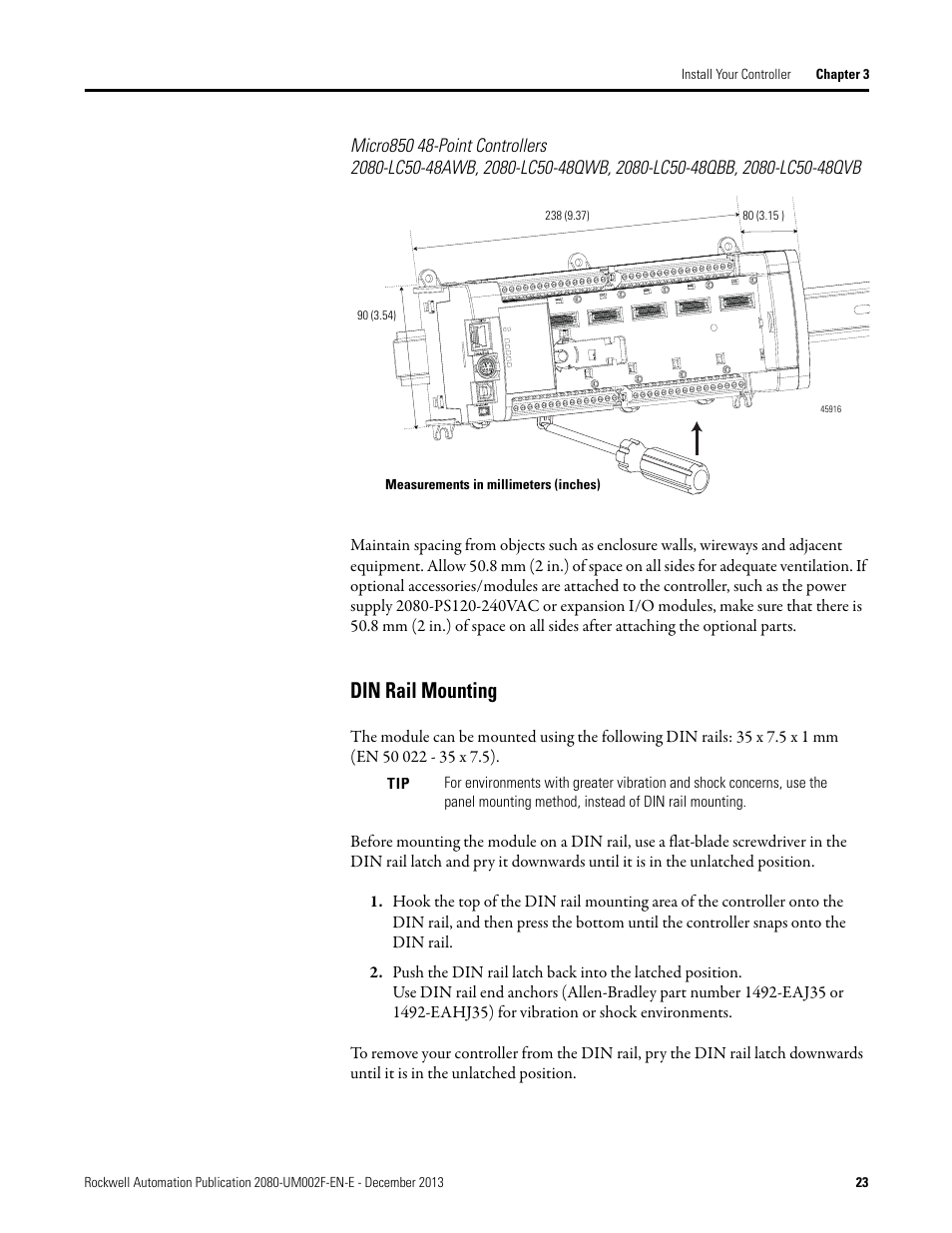 Din rail mounting | Rockwell Automation 2080-LC50 Micro830 and Micro850 Programmable Controllers User Manual User Manual | Page 37 / 270