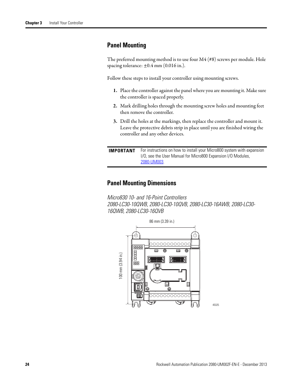 Panel mounting, Panel mounting dimensions | Rockwell Automation 2080-LC50 Micro830 and Micro850 Programmable Controllers User Manual User Manual | Page 38 / 270