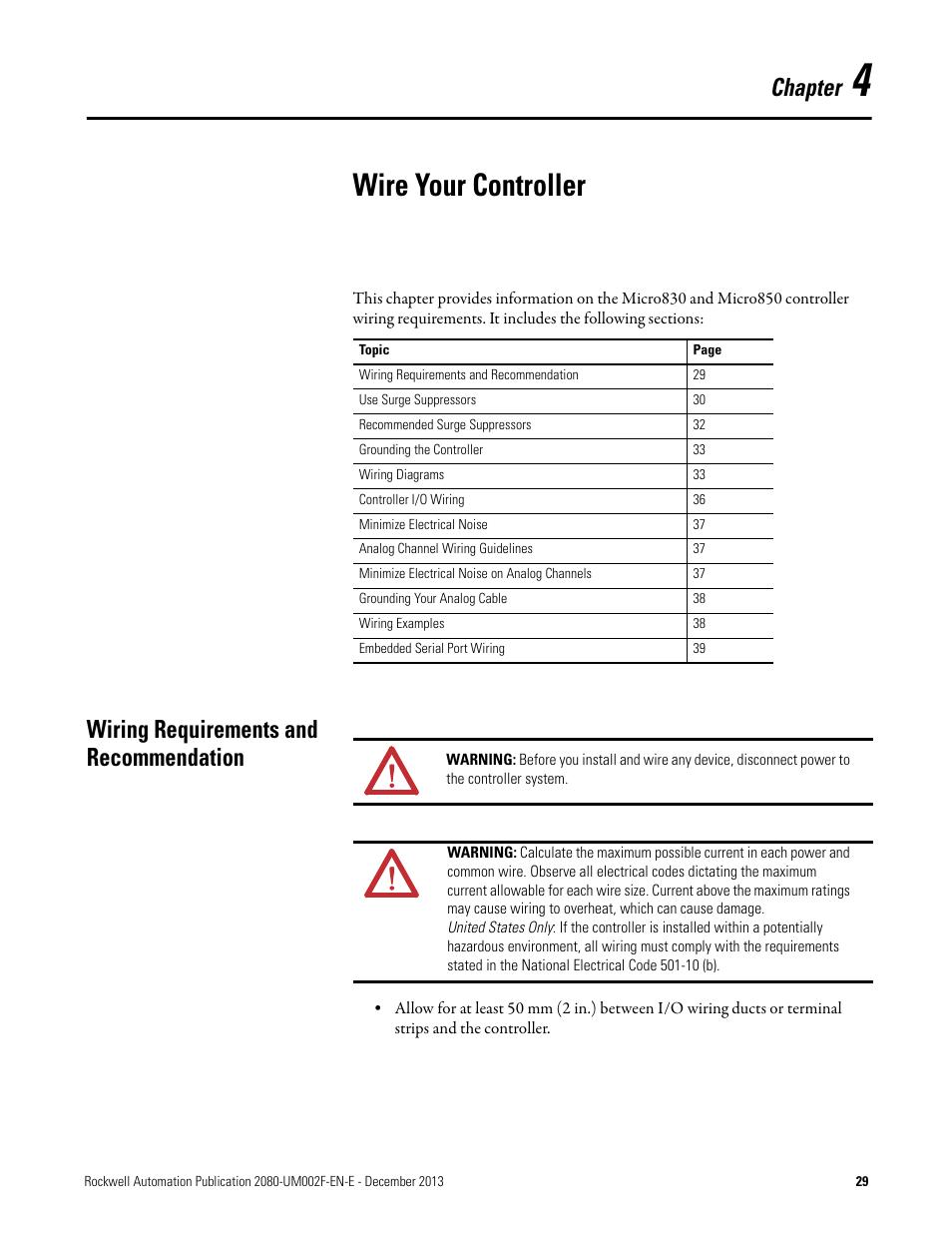 4 - wire your controller, Wiring requirements and recommendation, Chapter 4 | Wire your controller, Chapter | Rockwell Automation 2080-LC50 Micro830 and Micro850 Programmable Controllers User Manual User Manual | Page 43 / 270