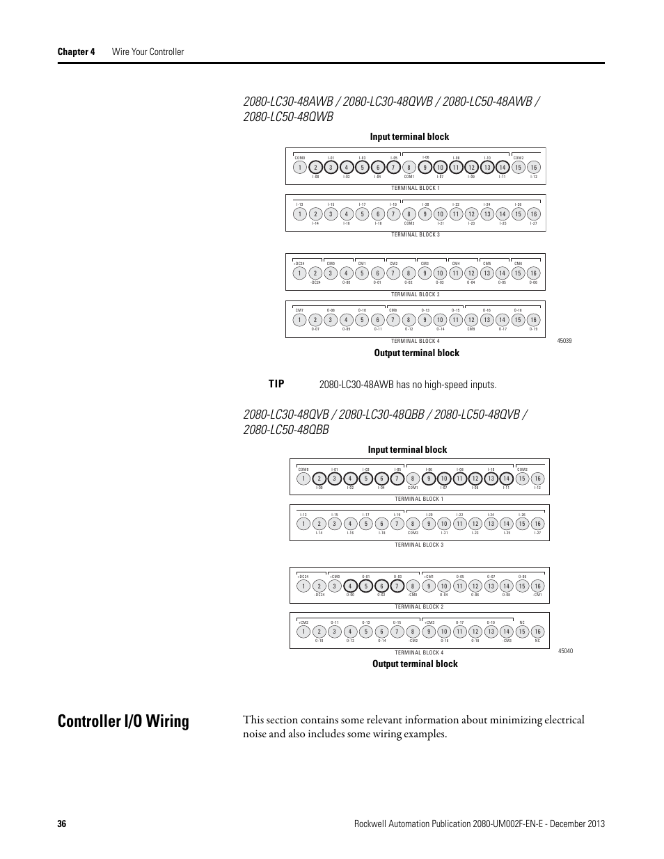 Controller i/o wiring, Input terminal block output terminal block | Rockwell Automation 2080-LC50 Micro830 and Micro850 Programmable Controllers User Manual User Manual | Page 50 / 270