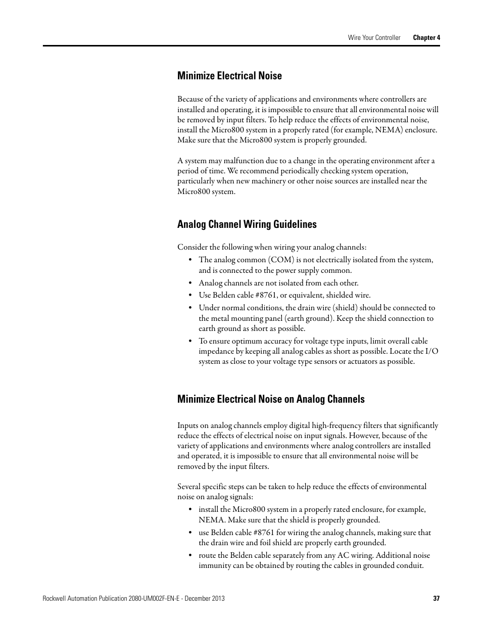 Minimize electrical noise, Analog channel wiring guidelines, Minimize electrical noise on analog channels | Rockwell Automation 2080-LC50 Micro830 and Micro850 Programmable Controllers User Manual User Manual | Page 51 / 270