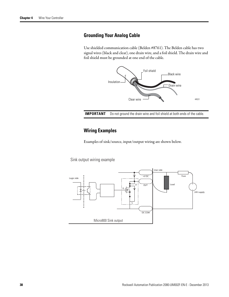 Grounding your analog cable, Wiring examples, Grounding your analog cable wiring examples | Sink output wiring example | Rockwell Automation 2080-LC50 Micro830 and Micro850 Programmable Controllers User Manual User Manual | Page 52 / 270