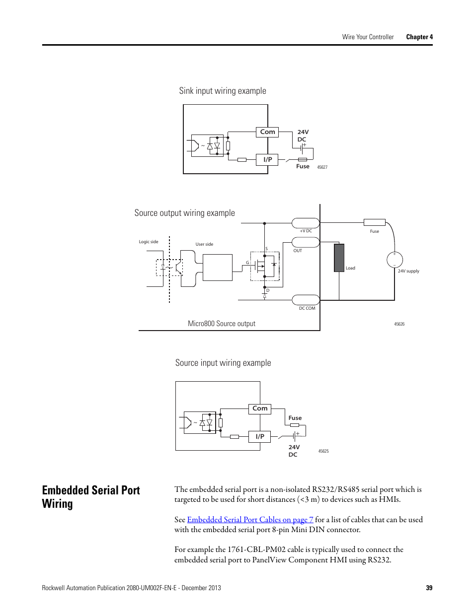 Embedded serial port wiring, Sink input wiring example, Source output wiring example | Source input wiring example | Rockwell Automation 2080-LC50 Micro830 and Micro850 Programmable Controllers User Manual User Manual | Page 53 / 270