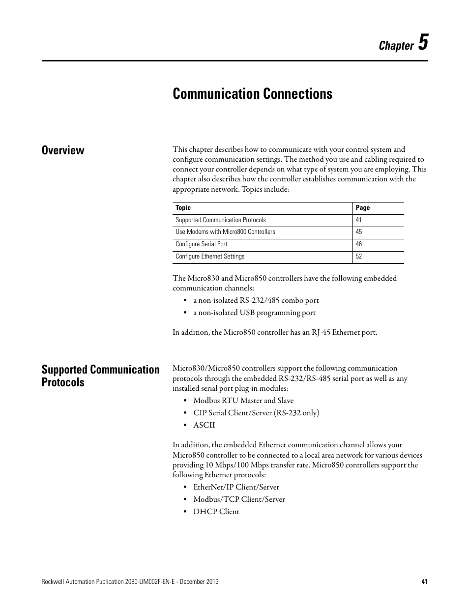 5 - communication connections, Overview, Supported communication protocols | Chapter 5, Communication connections, Overview supported communication protocols, Chapter | Rockwell Automation 2080-LC50 Micro830 and Micro850 Programmable Controllers User Manual User Manual | Page 55 / 270