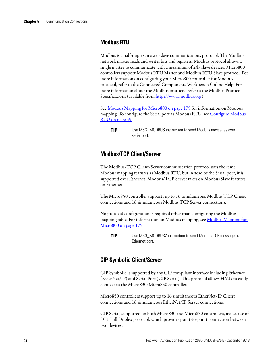 Modbus rtu, Modbus/tcp client/server, Cip symbolic client/server | Rockwell Automation 2080-LC50 Micro830 and Micro850 Programmable Controllers User Manual User Manual | Page 56 / 270