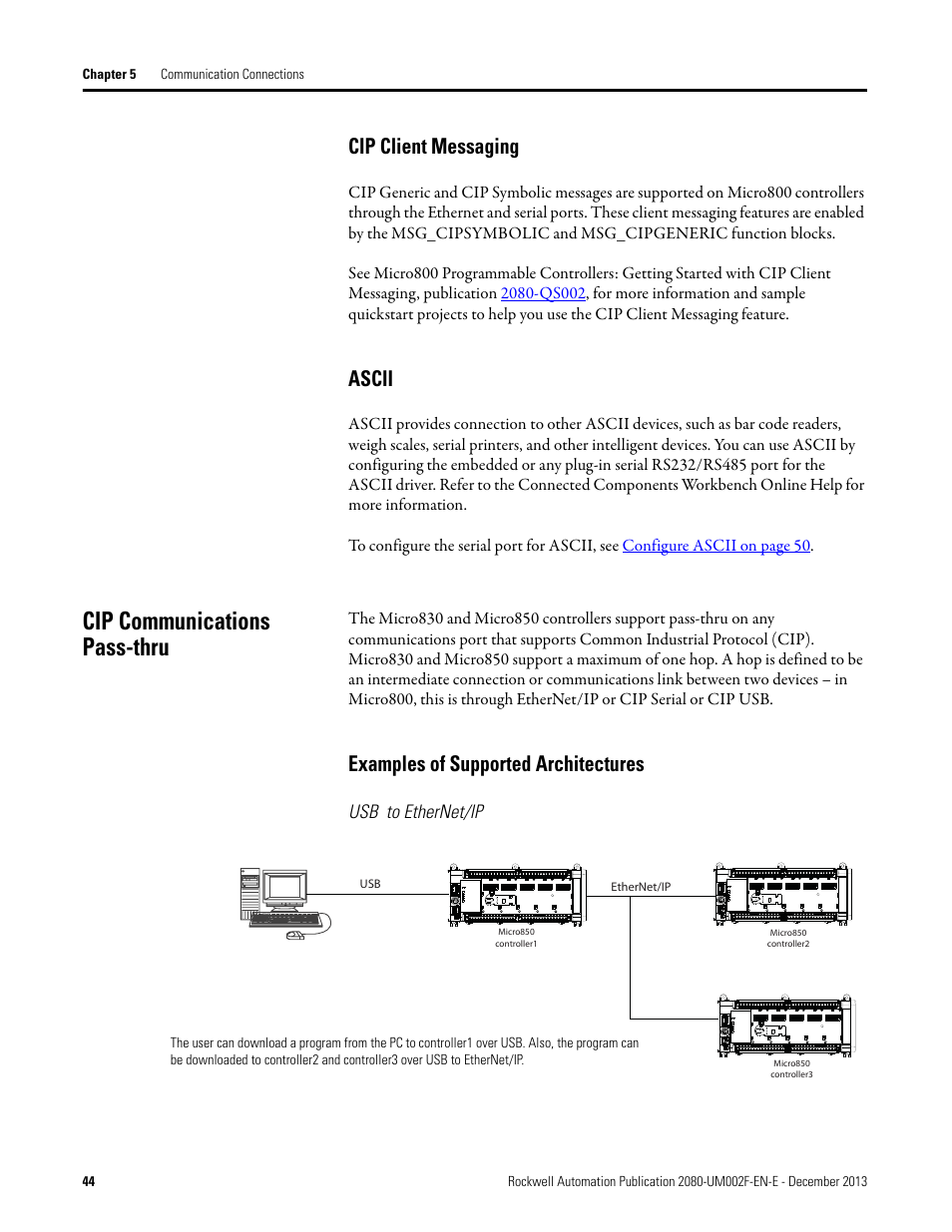 Cip client messaging, Ascii, Cip communications pass-thru | Examples of supported architectures, Usb to ethernet/ip, Cip client messaging ascii | Rockwell Automation 2080-LC50 Micro830 and Micro850 Programmable Controllers User Manual User Manual | Page 58 / 270