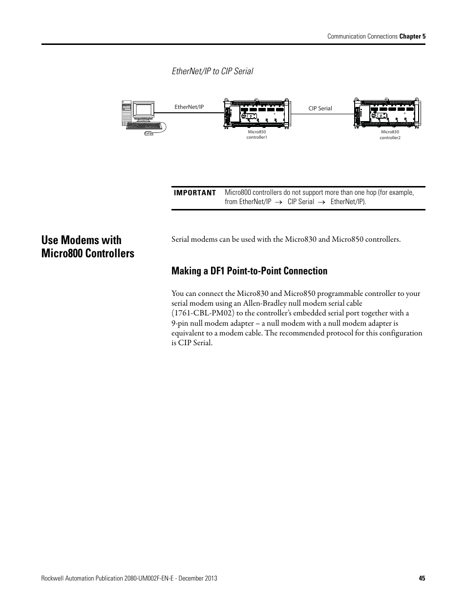 Ethernet/ip to cip serial, Use modems with micro800 controllers, Making a df1 point-to-point connection | Rockwell Automation 2080-LC50 Micro830 and Micro850 Programmable Controllers User Manual User Manual | Page 59 / 270