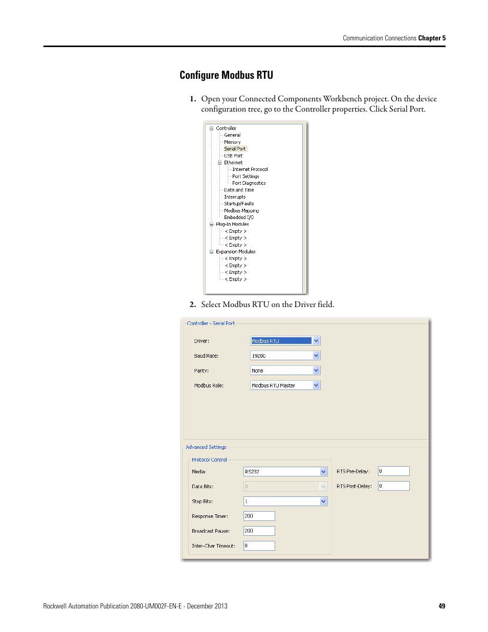 Configure modbus rtu, Configure modbus | Rockwell Automation 2080-LC50 Micro830 and Micro850 Programmable Controllers User Manual User Manual | Page 63 / 270