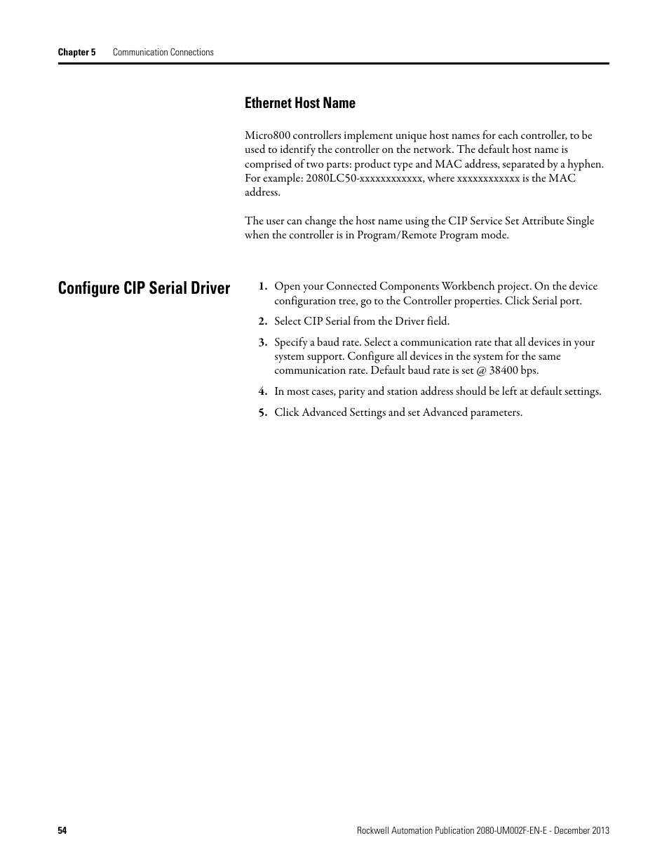 Ethernet host name, Configure cip serial driver | Rockwell Automation 2080-LC50 Micro830 and Micro850 Programmable Controllers User Manual User Manual | Page 68 / 270
