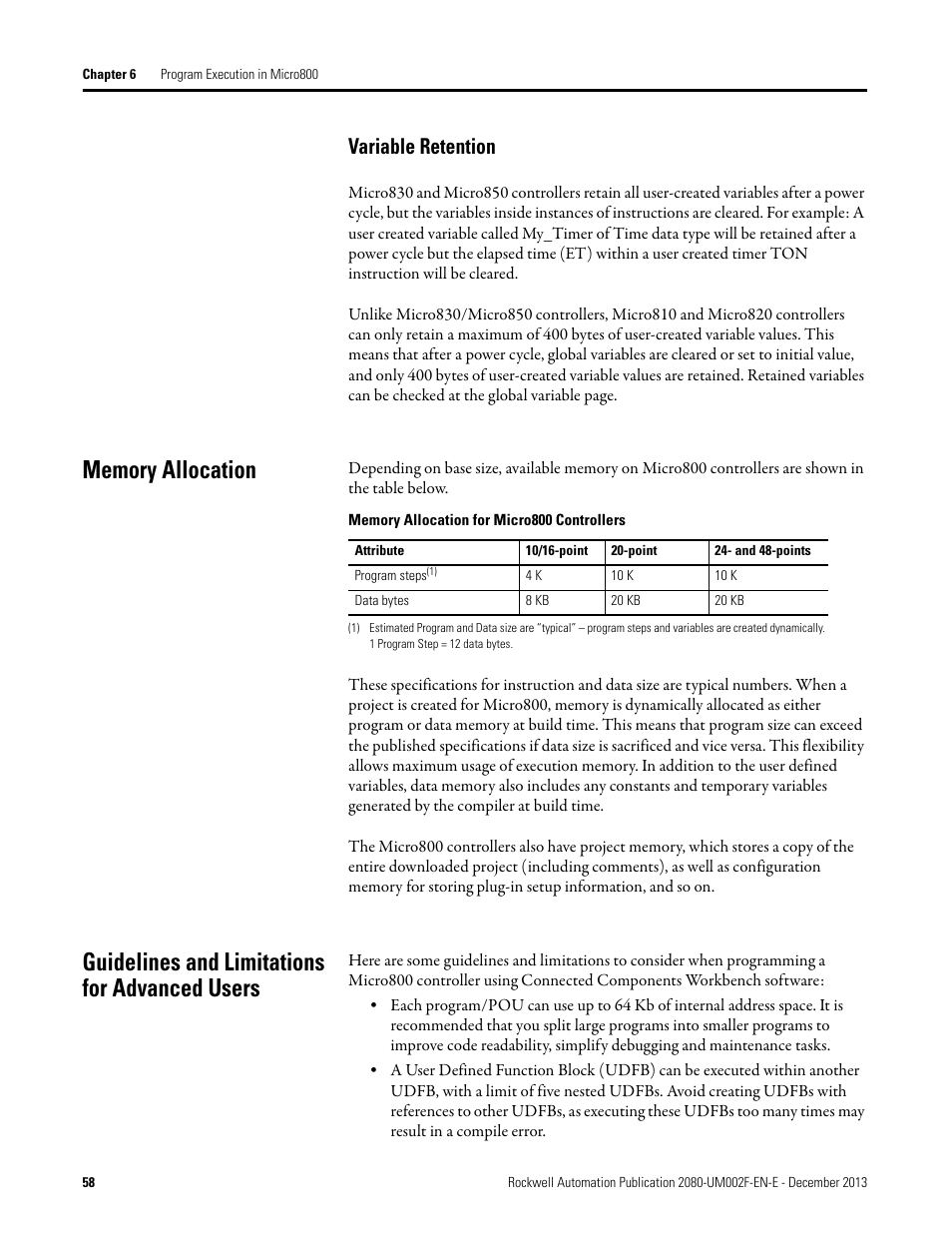 Variable retention, Memory allocation, Guidelines and limitations for advanced users | Rockwell Automation 2080-LC50 Micro830 and Micro850 Programmable Controllers User Manual User Manual | Page 72 / 270