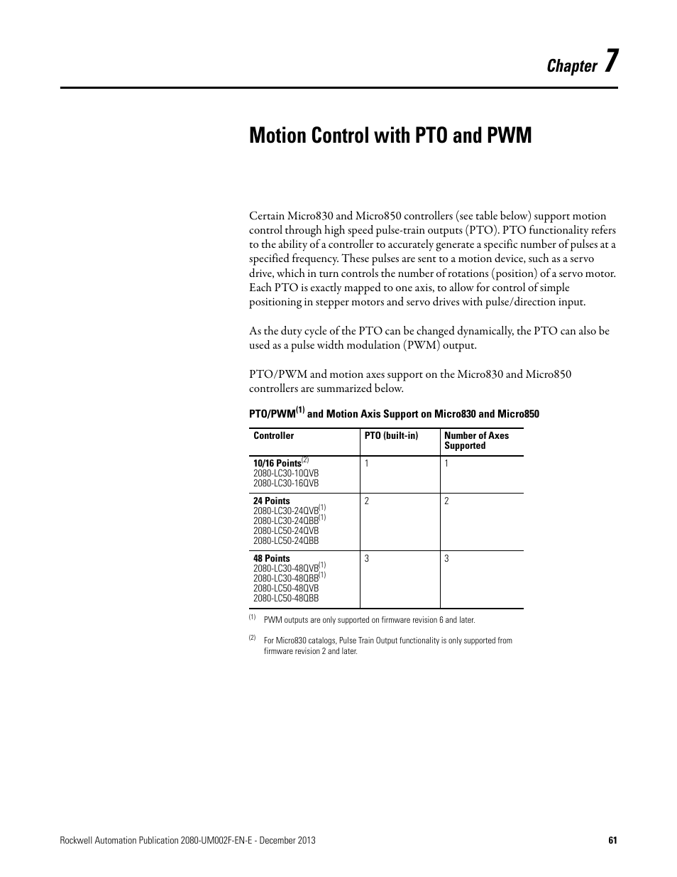 7 - motion control with pto and pwm, Chapter 7, Motion control with pto and pwm | Chapter | Rockwell Automation 2080-LC50 Micro830 and Micro850 Programmable Controllers User Manual User Manual | Page 75 / 270