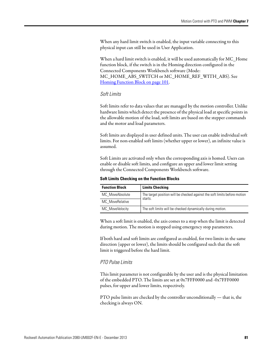 Soft limits, Pto pulse limits | Rockwell Automation 2080-LC50 Micro830 and Micro850 Programmable Controllers User Manual User Manual | Page 95 / 270