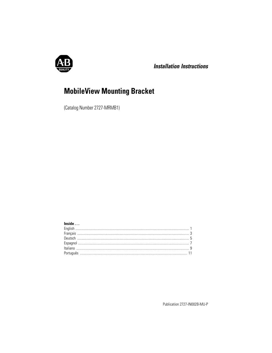 Rockwell Automation 2727-MRMB1 MobileView Mounting Bracket User Manual | 16 pages