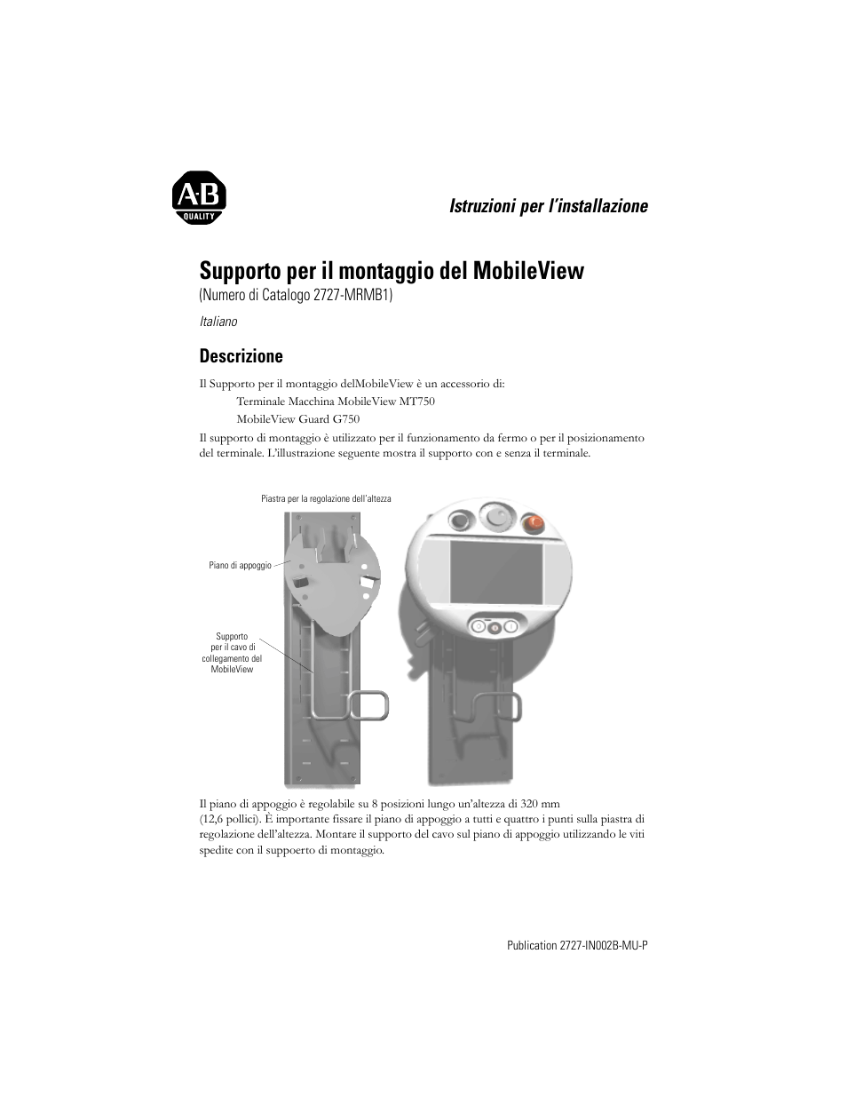 Italiano, Descrizione, Supporto per il montaggio del mobileview | Istruzioni per l’installazione | Rockwell Automation 2727-MRMB1 MobileView Mounting Bracket User Manual | Page 11 / 16