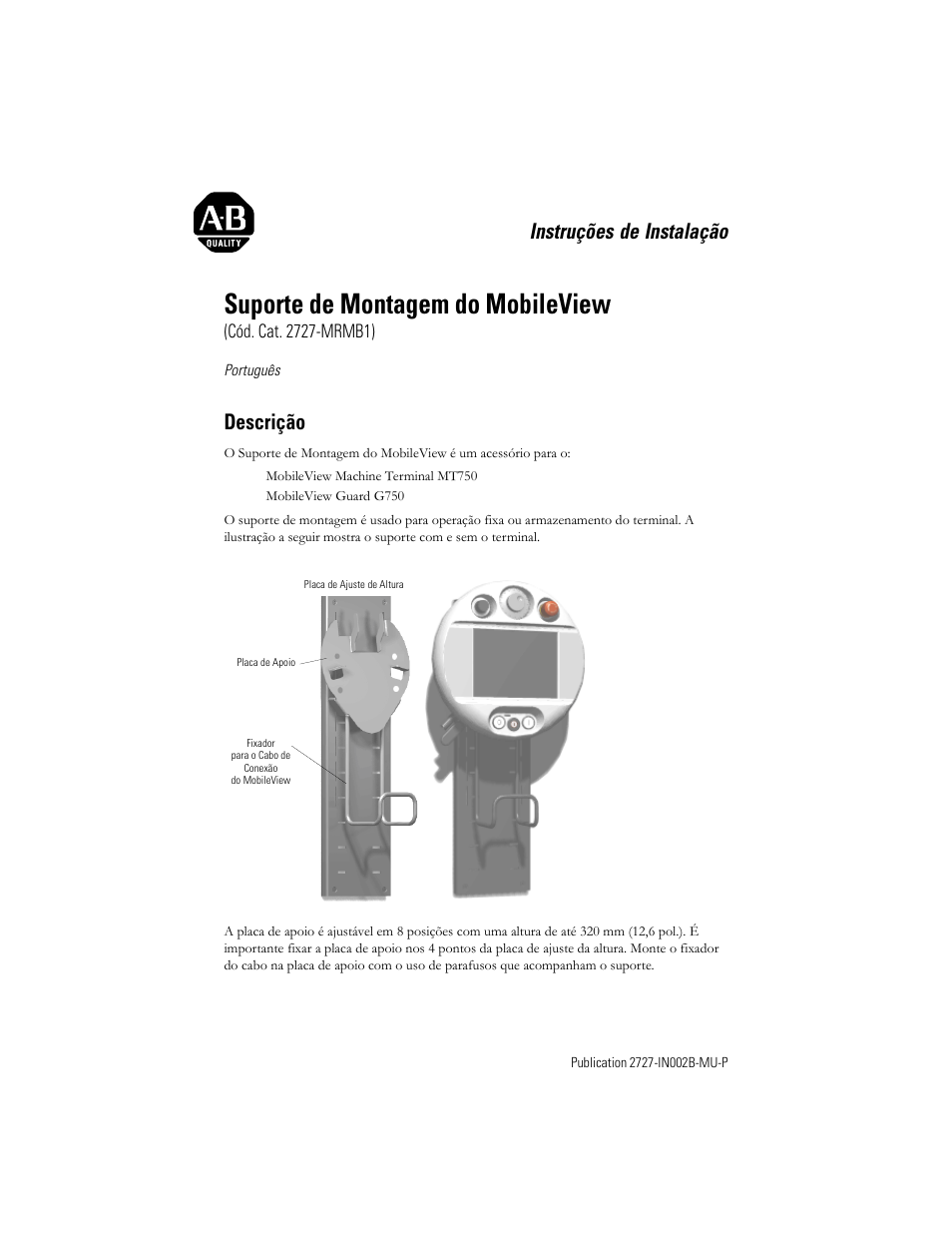 Português, Descrição, Suporte de montagem do mobileview | Instruções de instalação | Rockwell Automation 2727-MRMB1 MobileView Mounting Bracket User Manual | Page 13 / 16