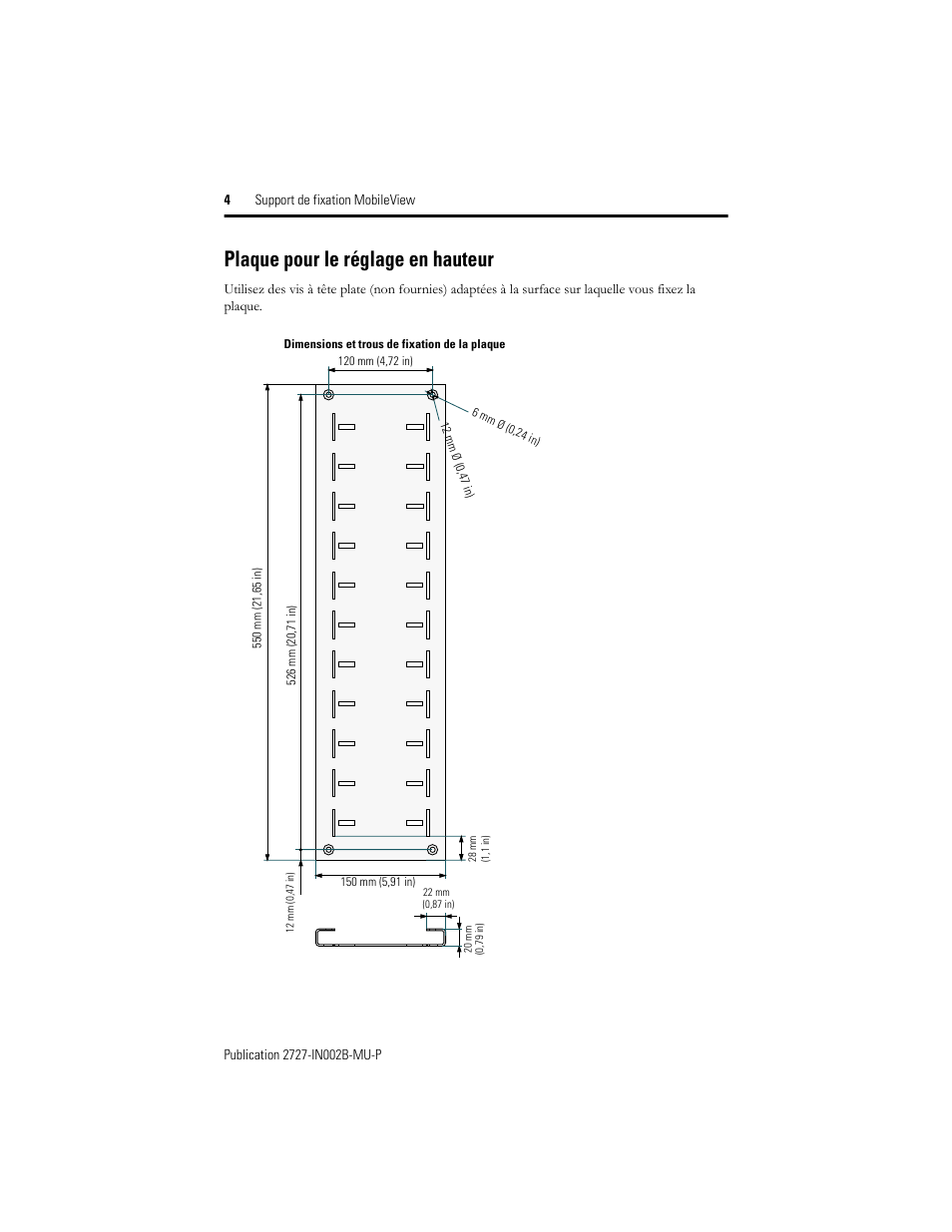 Plaque pour le réglage en hauteur | Rockwell Automation 2727-MRMB1 MobileView Mounting Bracket User Manual | Page 6 / 16