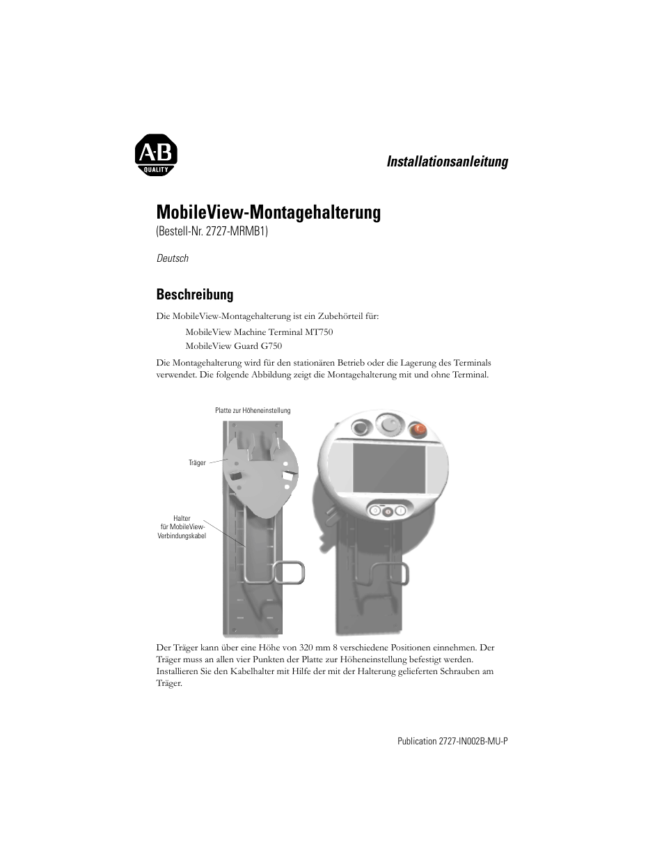 Deutsch, Beschreibung, Mobileview-montagehalterung | Installationsanleitung | Rockwell Automation 2727-MRMB1 MobileView Mounting Bracket User Manual | Page 7 / 16