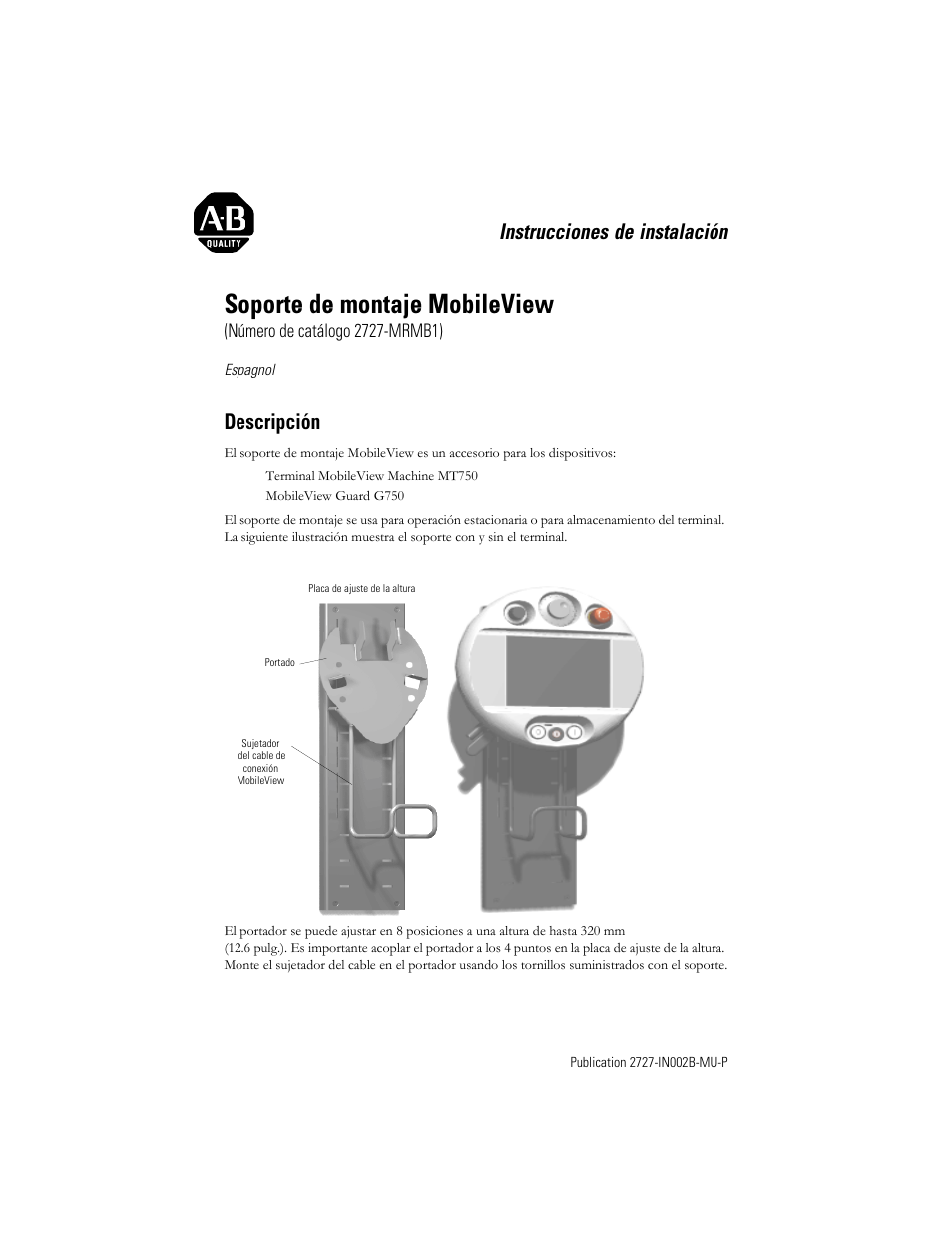Espagnol, Descripción, Soporte de montaje mobileview | Instrucciones de instalación | Rockwell Automation 2727-MRMB1 MobileView Mounting Bracket User Manual | Page 9 / 16