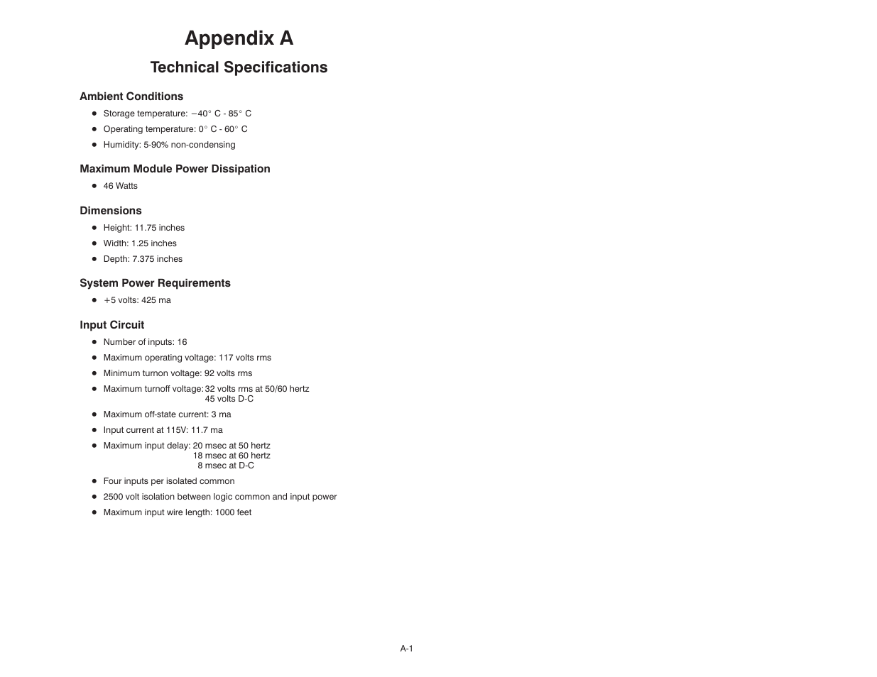 A technical specifications, Appendix a, Technical specifications | Rockwell Automation 57C400-1 115V AC/DC Input Module User Manual | Page 23 / 36