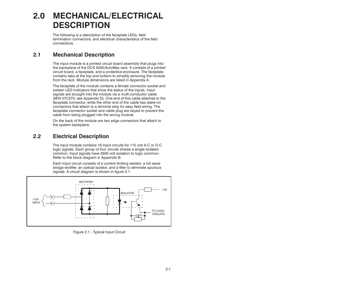 0 mechanical/electrical description, 1 mechanical description, 2 electrical description | Rockwell Automation 57C400-1 115V AC/DC Input Module User Manual | Page 9 / 36