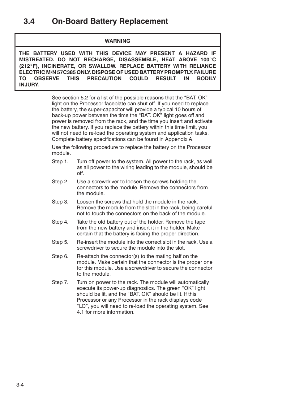 4 onćboard battery replacement | Rockwell Automation 57C435 Processor Module, AutoMax User Manual | Page 18 / 60