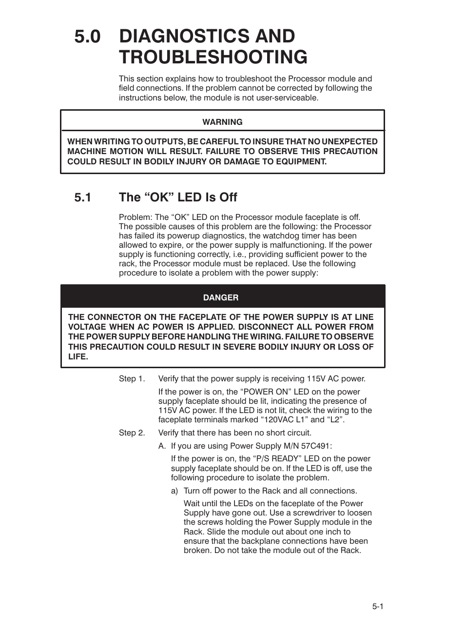 0 diagnostics and troubleshooting, 1 the ok" led is off | Rockwell Automation 57C435 Processor Module, AutoMax User Manual | Page 27 / 60