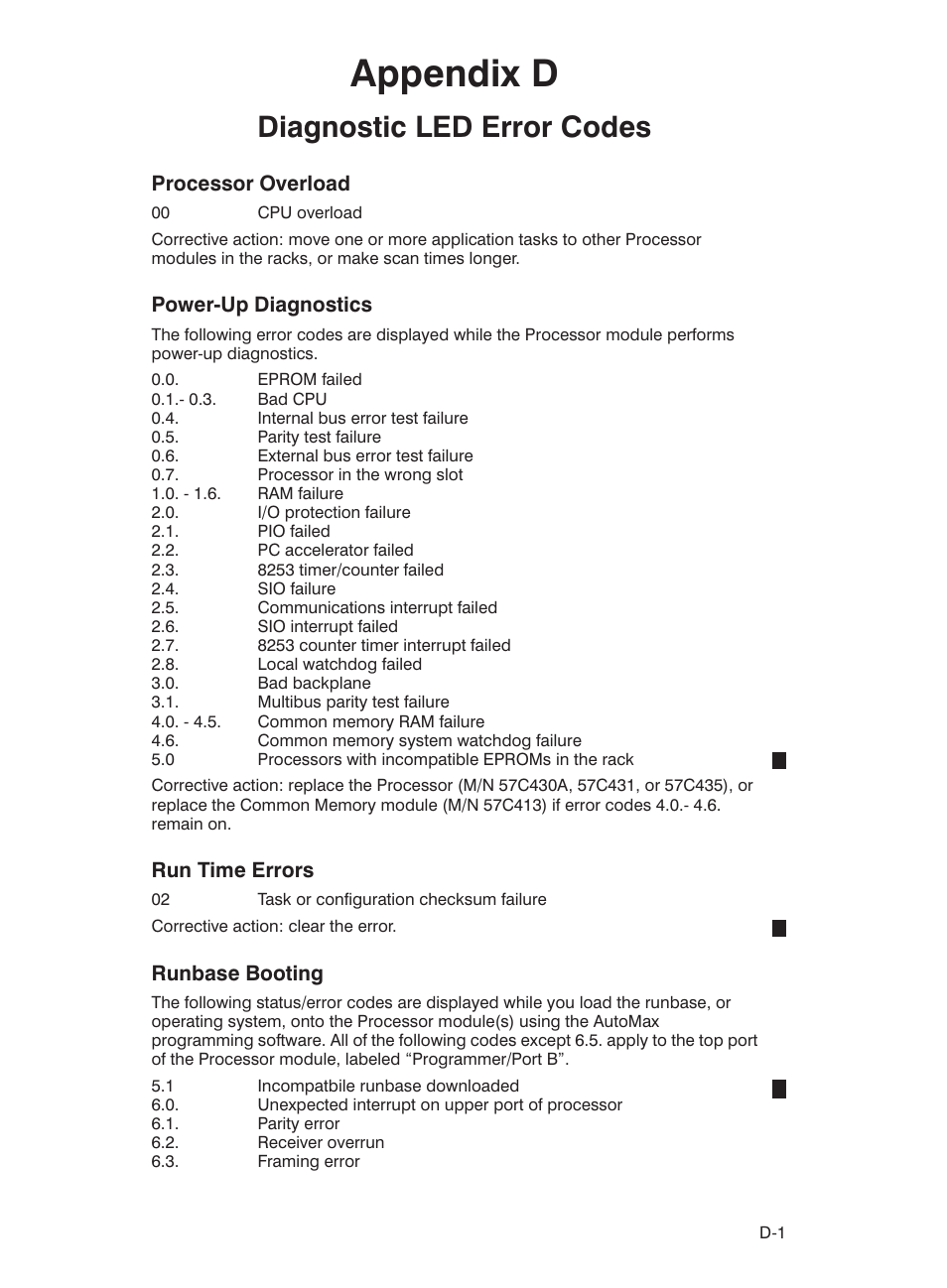 Appendix d, Diagnostic led error codes, Processor overload | Powerćup diagnostics, Run time errors, Runbase booting | Rockwell Automation 57C435 Processor Module, AutoMax User Manual | Page 47 / 60