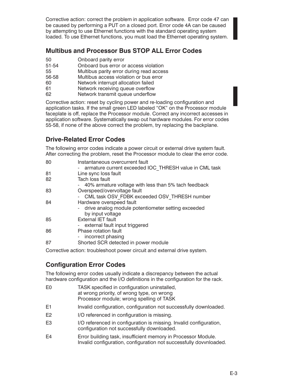 Multibus and processor bus stop all error codes, Drivećrelated error codes, Configuration error codes | Rockwell Automation 57C435 Processor Module, AutoMax User Manual | Page 51 / 60