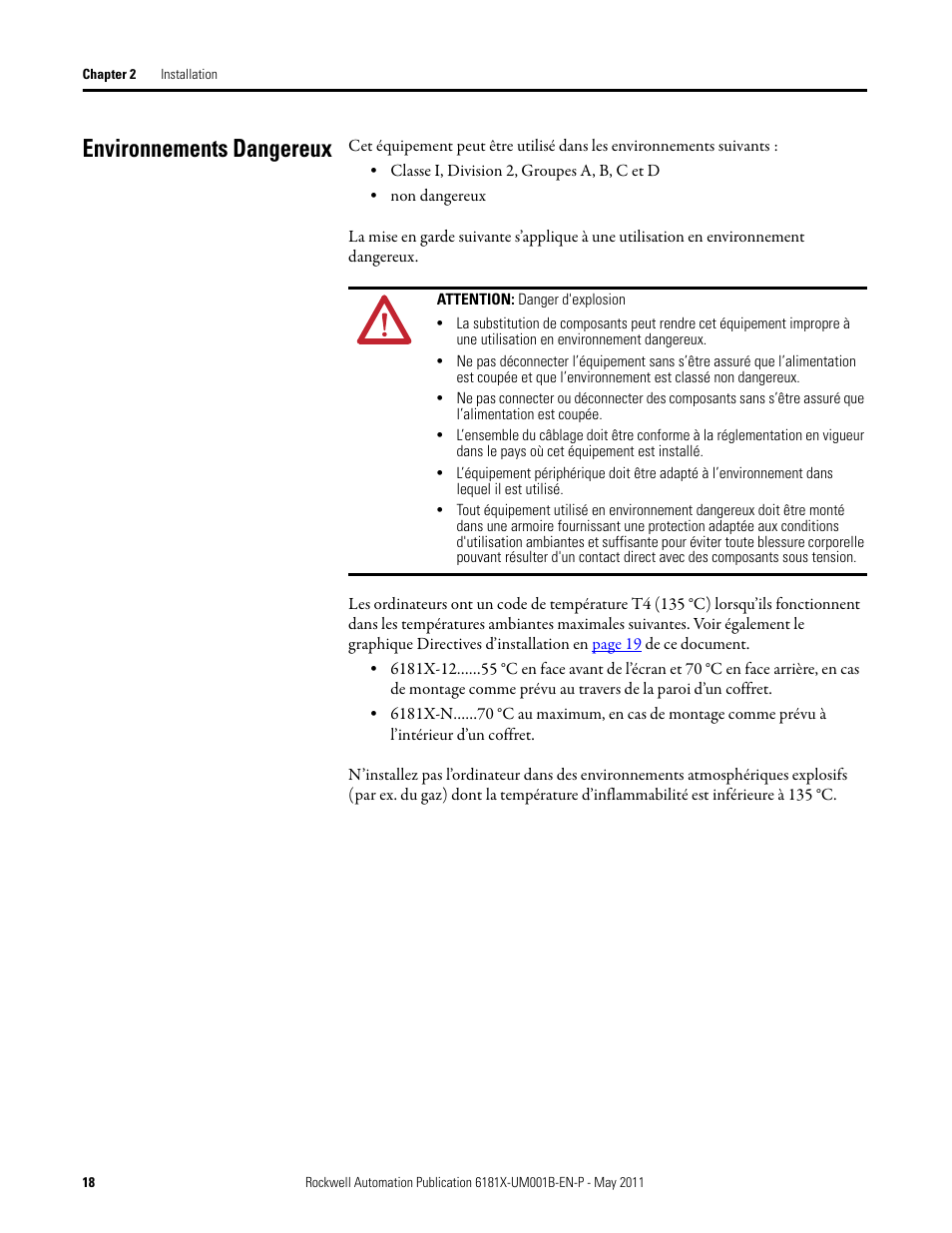 Environnements dangereux | Rockwell Automation 6181X-12TPXPDC Industrial Integrated Computers for Hazardous Locations User Manual | Page 18 / 68