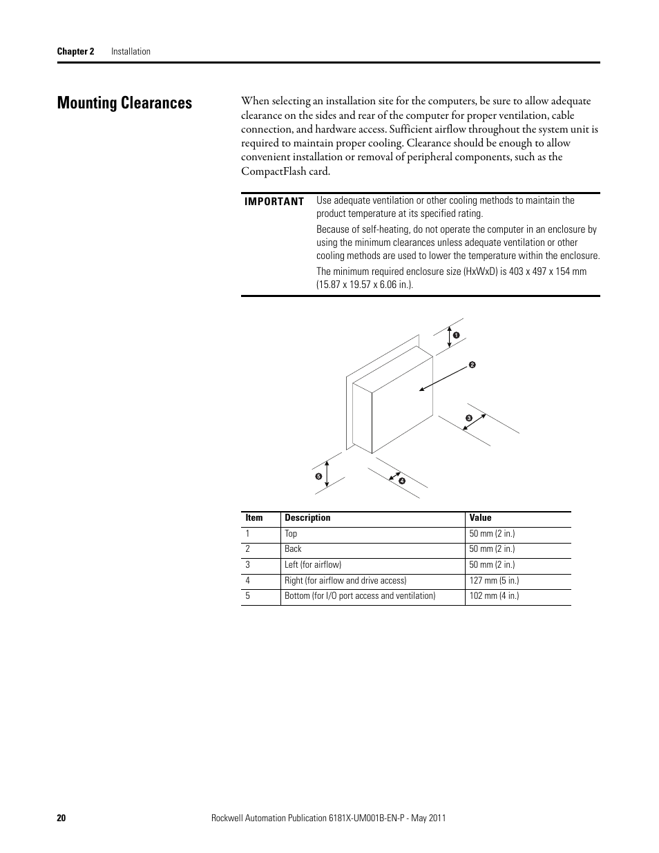 Mounting clearances | Rockwell Automation 6181X-12TPXPDC Industrial Integrated Computers for Hazardous Locations User Manual | Page 20 / 68