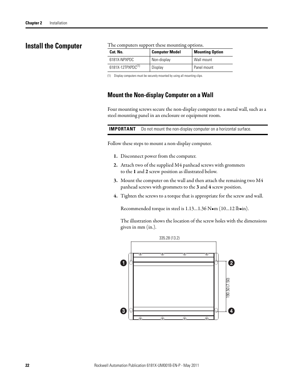 Install the computer, Mount the non-display computer on a wall | Rockwell Automation 6181X-12TPXPDC Industrial Integrated Computers for Hazardous Locations User Manual | Page 22 / 68