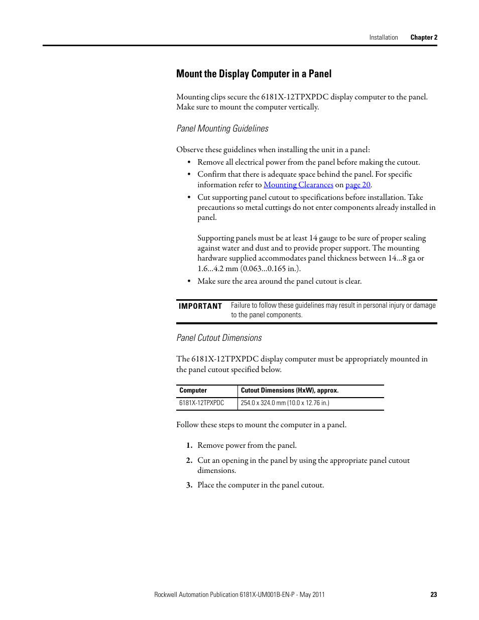 Mount the display computer in a panel | Rockwell Automation 6181X-12TPXPDC Industrial Integrated Computers for Hazardous Locations User Manual | Page 23 / 68