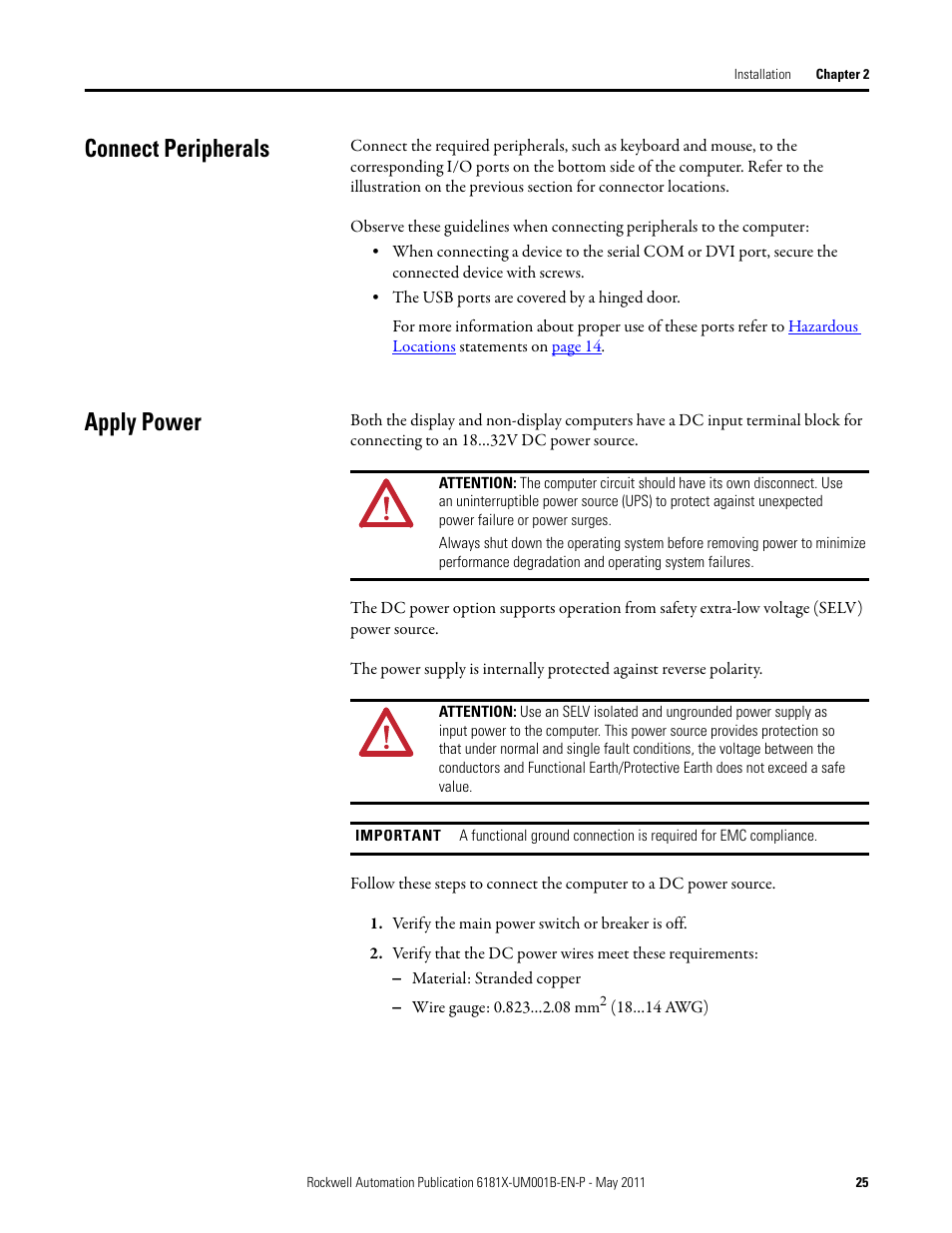 Connect peripherals, Apply power, Connect peripherals apply power | Rockwell Automation 6181X-12TPXPDC Industrial Integrated Computers for Hazardous Locations User Manual | Page 25 / 68