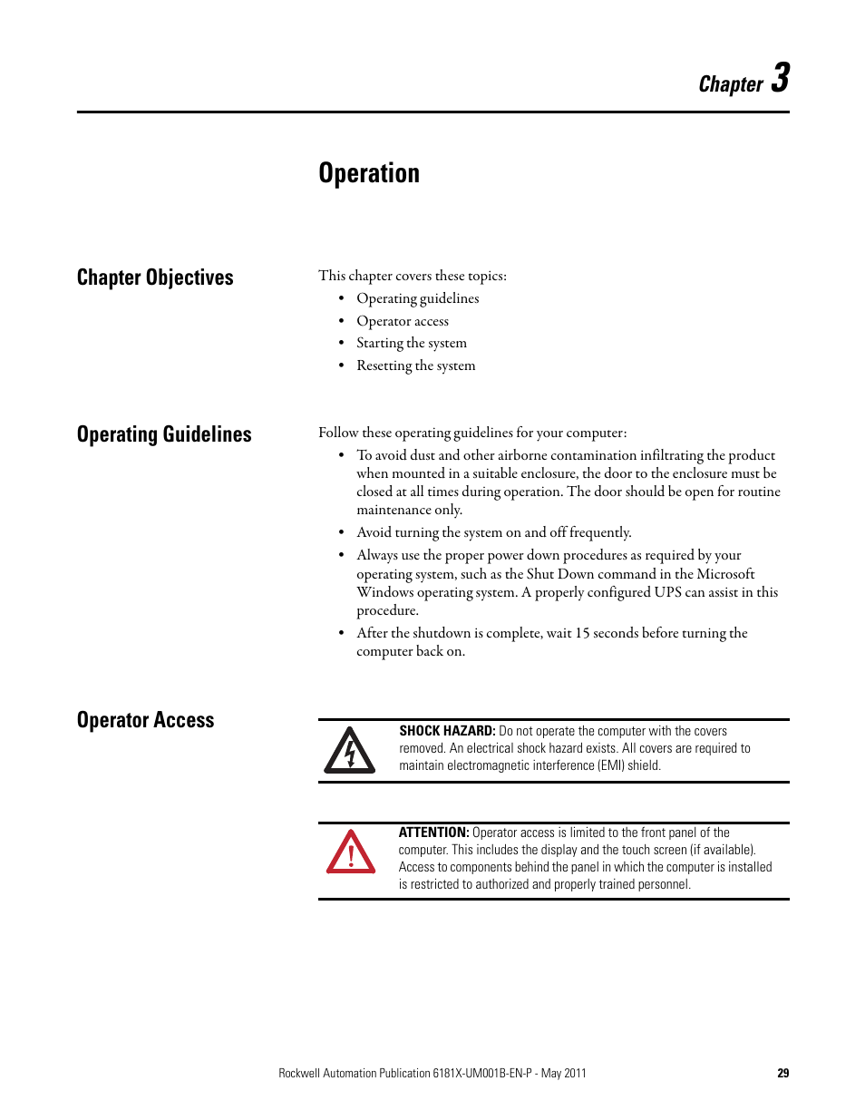 Chapter 3, Operation, Chapter objectives | Operating guidelines, Operator access, Chapter | Rockwell Automation 6181X-12TPXPDC Industrial Integrated Computers for Hazardous Locations User Manual | Page 29 / 68