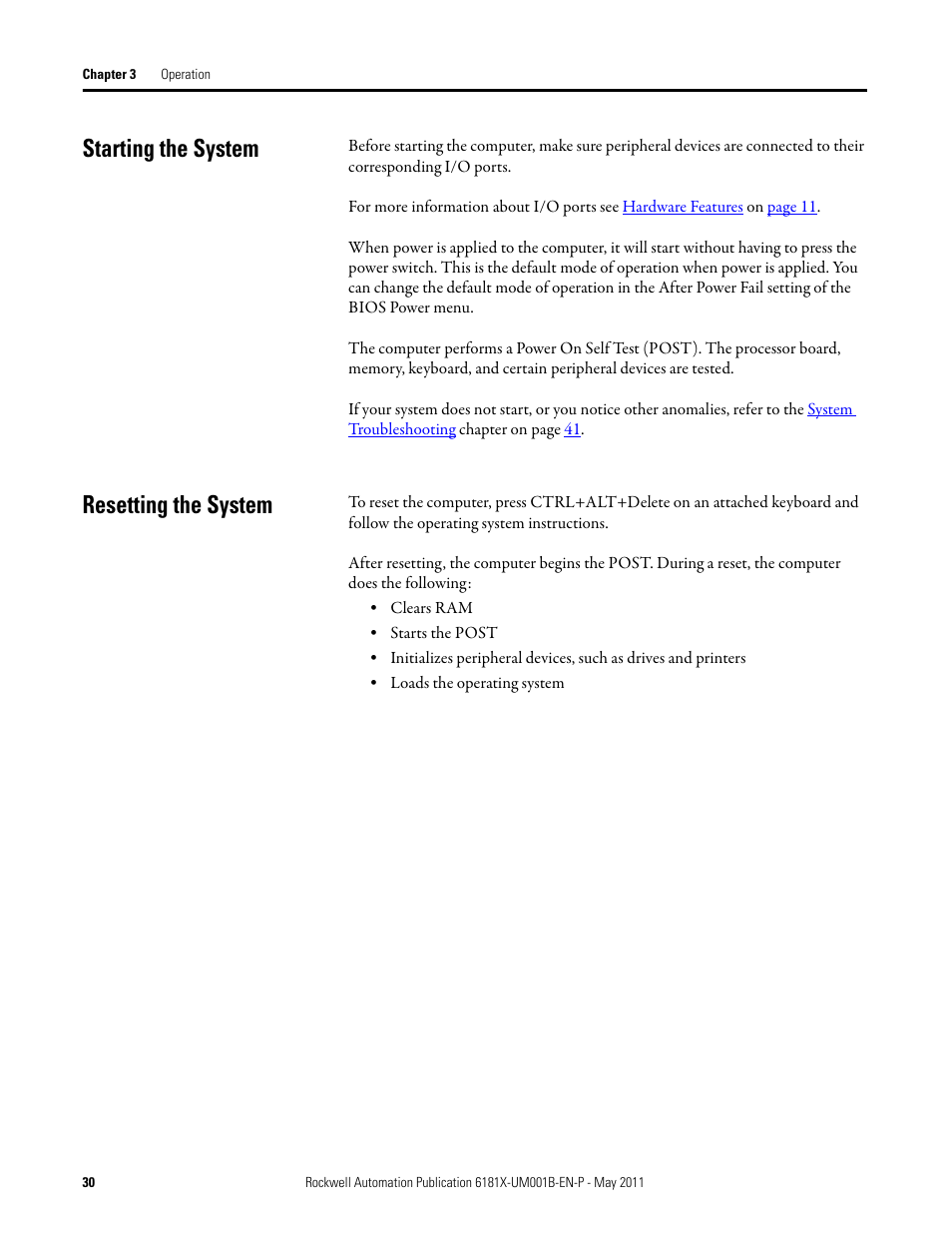 Starting the system, Resetting the system, Starting the system resetting the system | Rockwell Automation 6181X-12TPXPDC Industrial Integrated Computers for Hazardous Locations User Manual | Page 30 / 68