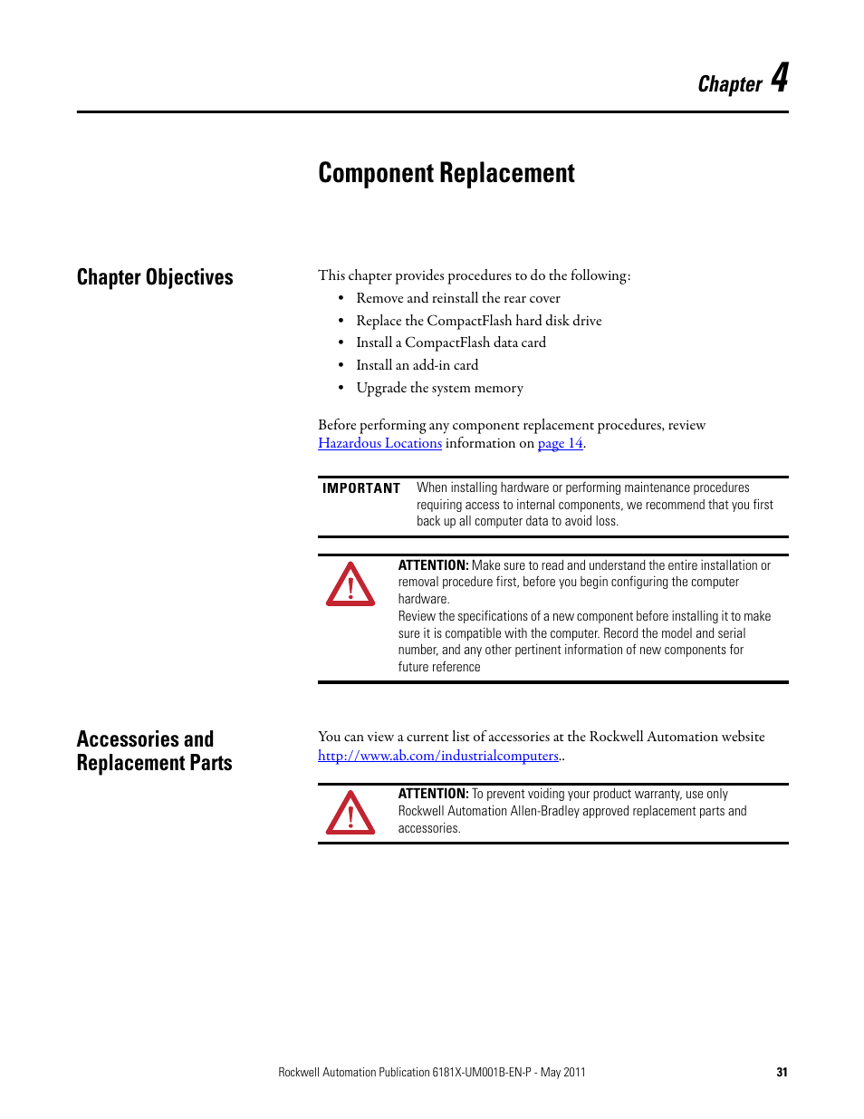 Chapter 4, Component replacement, Chapter objectives | Accessories and replacement parts, Chapter | Rockwell Automation 6181X-12TPXPDC Industrial Integrated Computers for Hazardous Locations User Manual | Page 31 / 68