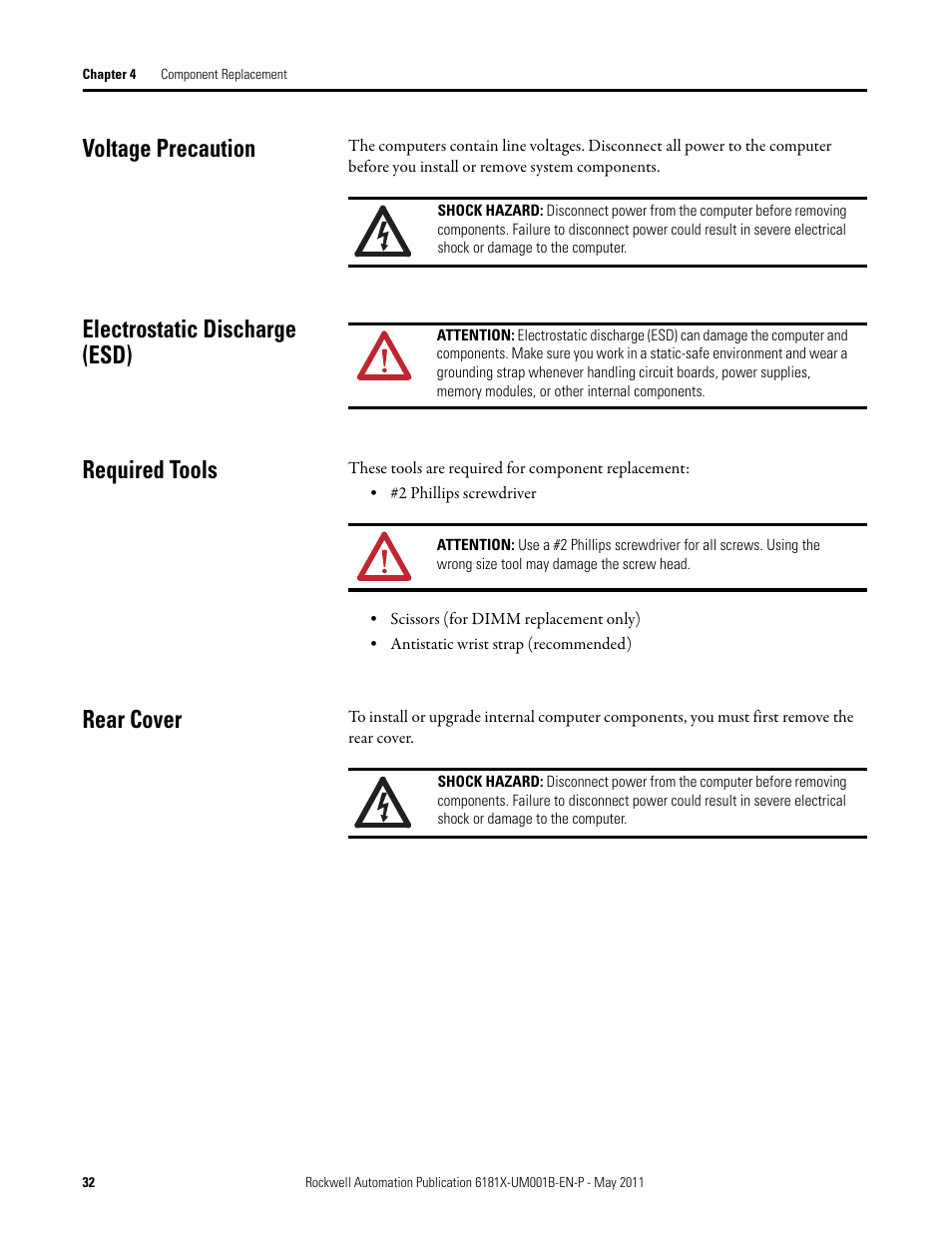 Voltage precaution, Electrostatic discharge (esd), Required tools | Rear cover, Electrostatic discharge (esd) required tools | Rockwell Automation 6181X-12TPXPDC Industrial Integrated Computers for Hazardous Locations User Manual | Page 32 / 68