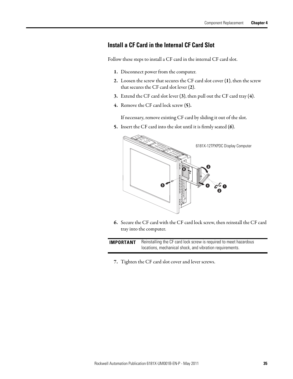 Install a cf card in the internal cf card slot | Rockwell Automation 6181X-12TPXPDC Industrial Integrated Computers for Hazardous Locations User Manual | Page 35 / 68