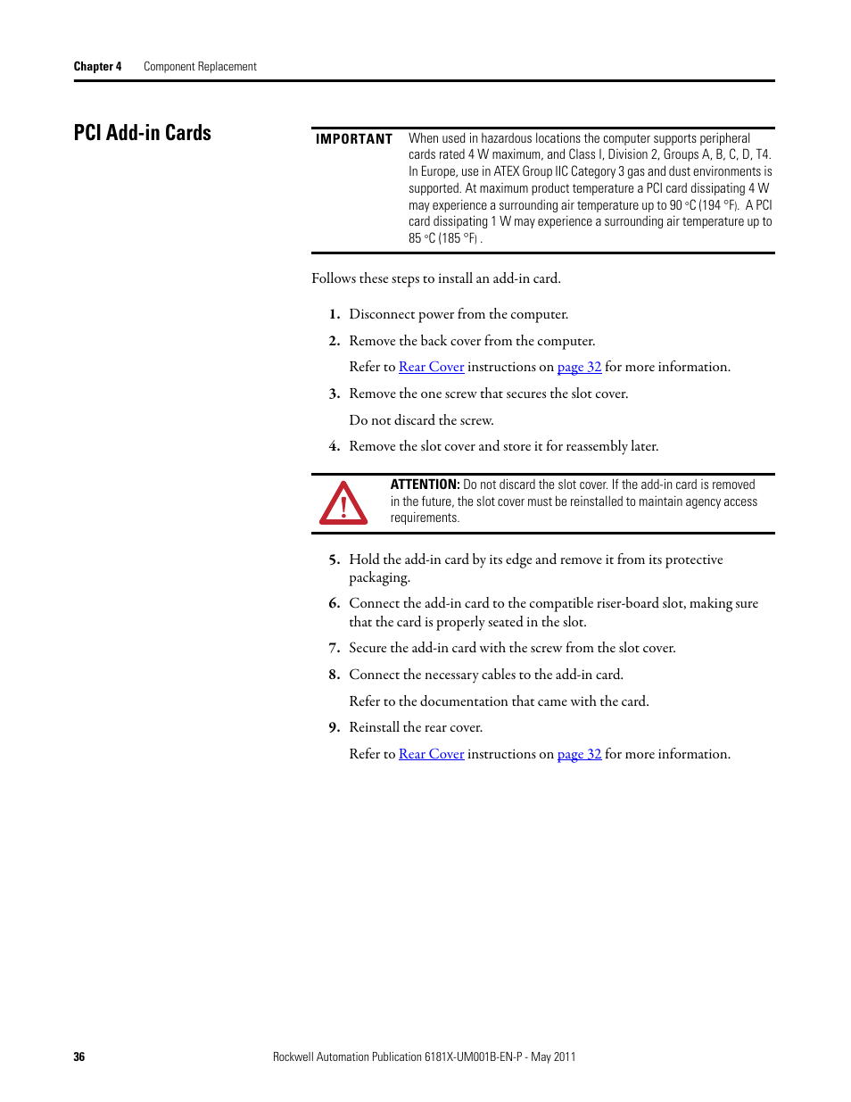 Pci add-in cards | Rockwell Automation 6181X-12TPXPDC Industrial Integrated Computers for Hazardous Locations User Manual | Page 36 / 68