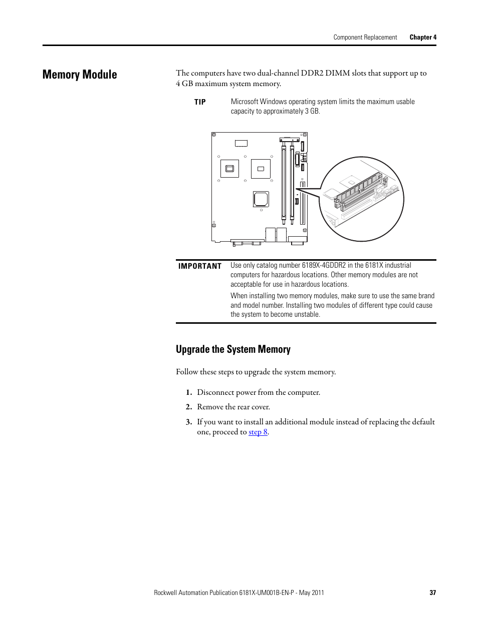 Memory module, Upgrade the system memory | Rockwell Automation 6181X-12TPXPDC Industrial Integrated Computers for Hazardous Locations User Manual | Page 37 / 68