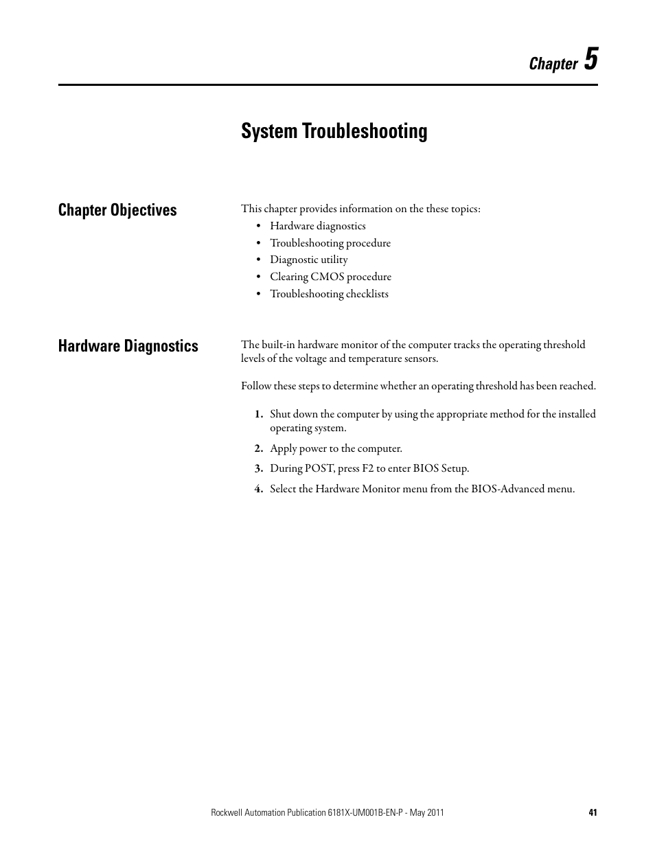 Chapter 5, System troubleshooting, Chapter objectives | Hardware diagnostics, Chapter objectives hardware diagnostics, System, Troubleshooting | Rockwell Automation 6181X-12TPXPDC Industrial Integrated Computers for Hazardous Locations User Manual | Page 41 / 68