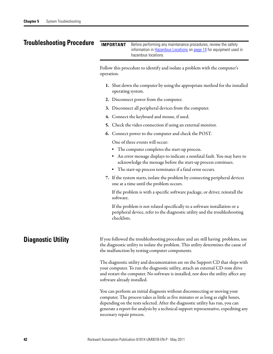 Troubleshooting procedure, Diagnostic utility, Troubleshooting procedure diagnostic utility | Rockwell Automation 6181X-12TPXPDC Industrial Integrated Computers for Hazardous Locations User Manual | Page 42 / 68