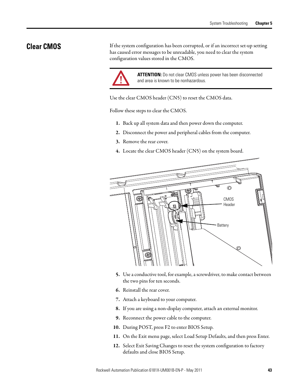Clear cmos | Rockwell Automation 6181X-12TPXPDC Industrial Integrated Computers for Hazardous Locations User Manual | Page 43 / 68