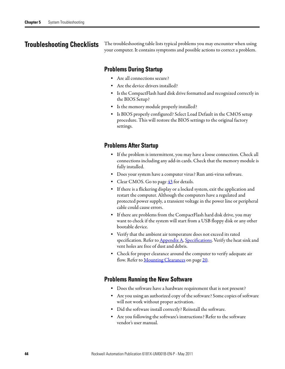 Troubleshooting checklists, Problems during startup, Problems after startup | Problems running the new software | Rockwell Automation 6181X-12TPXPDC Industrial Integrated Computers for Hazardous Locations User Manual | Page 44 / 68