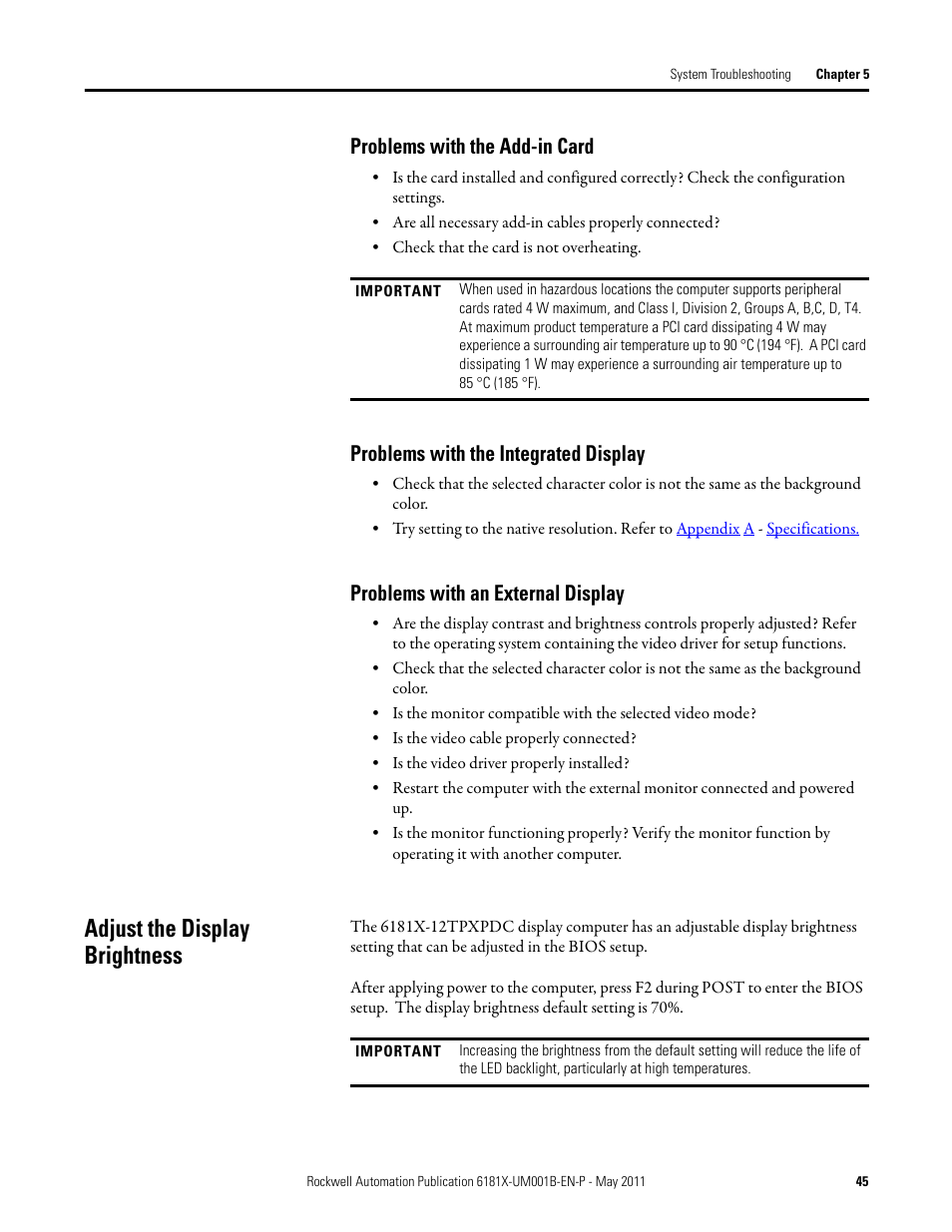 Problems with the add-in card, Problems with the integrated display, Problems with an external display | Adjust the display brightness | Rockwell Automation 6181X-12TPXPDC Industrial Integrated Computers for Hazardous Locations User Manual | Page 45 / 68