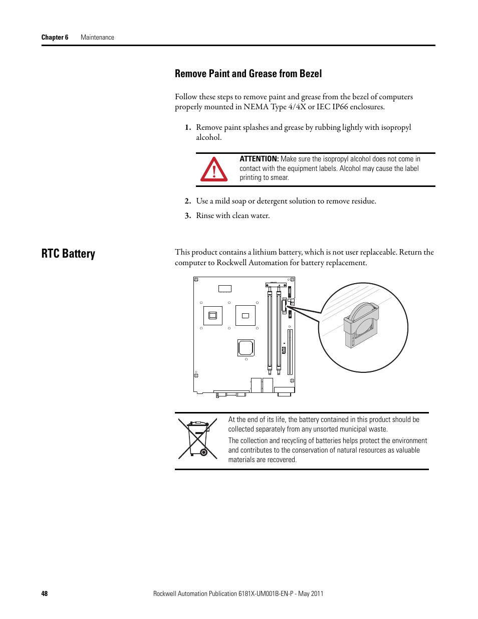 Remove paint and grease from bezel, Rtc battery | Rockwell Automation 6181X-12TPXPDC Industrial Integrated Computers for Hazardous Locations User Manual | Page 48 / 68