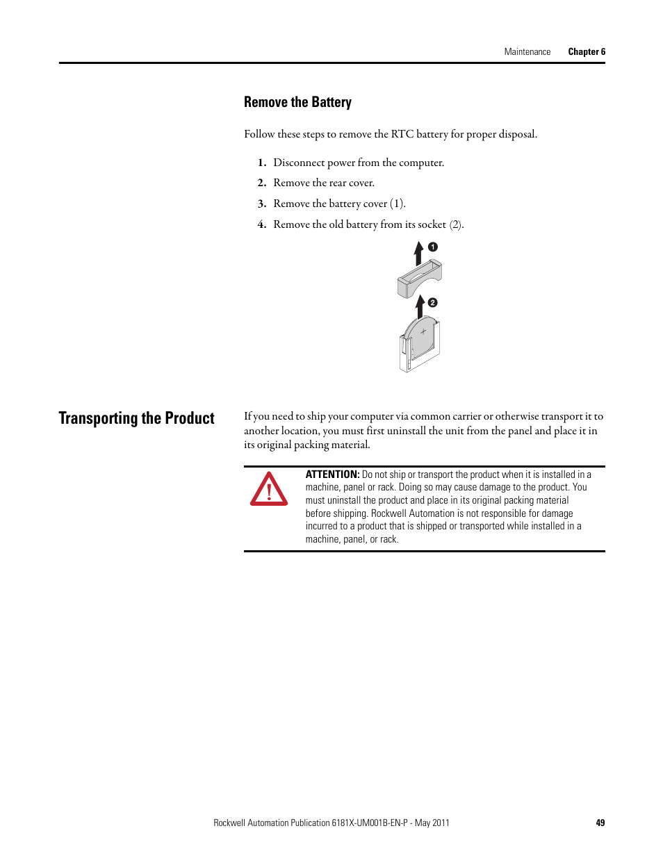 Remove the battery, Transporting the product | Rockwell Automation 6181X-12TPXPDC Industrial Integrated Computers for Hazardous Locations User Manual | Page 49 / 68