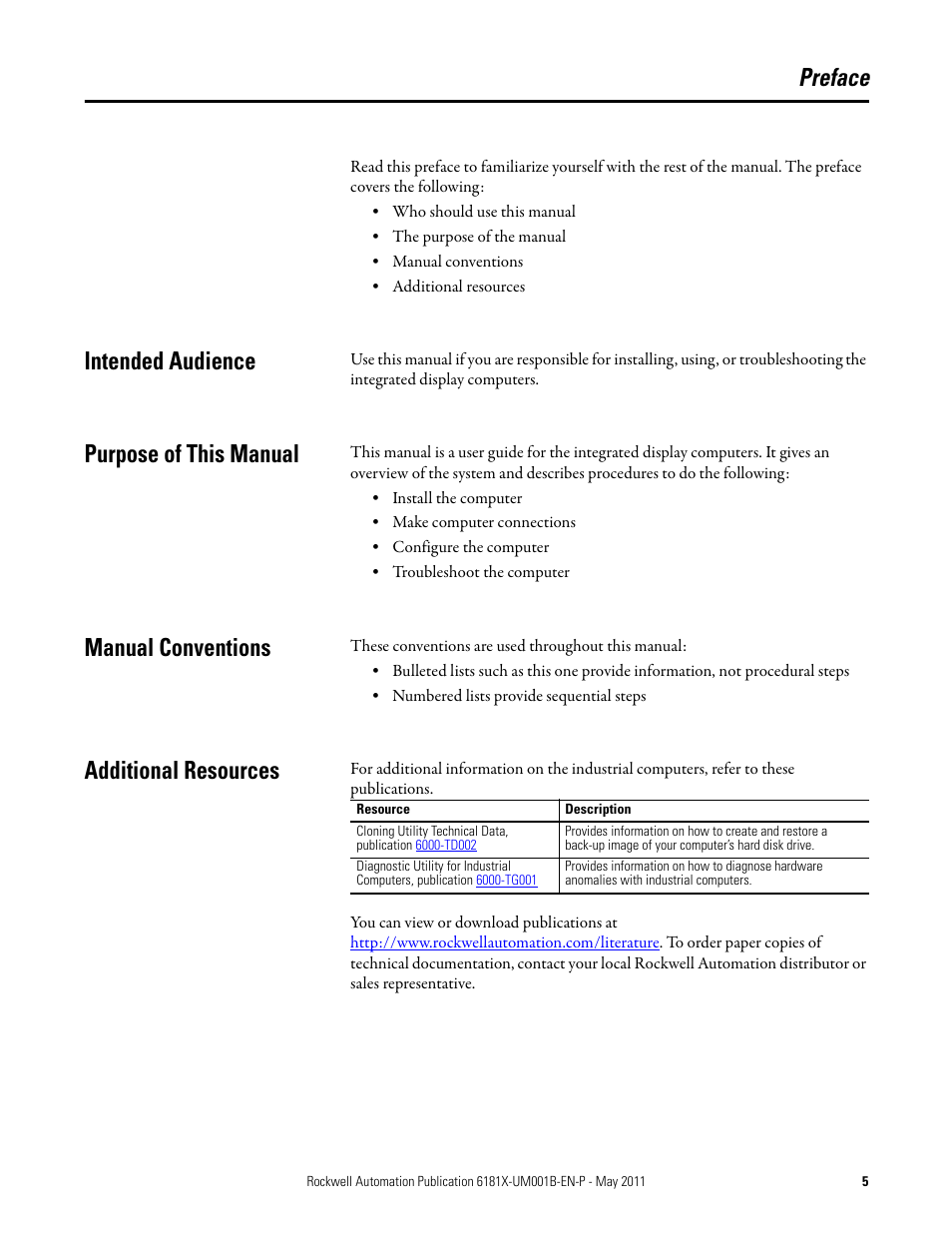 Preface, Intended audience, Purpose of this manual | Manual conventions, Additional resources | Rockwell Automation 6181X-12TPXPDC Industrial Integrated Computers for Hazardous Locations User Manual | Page 5 / 68