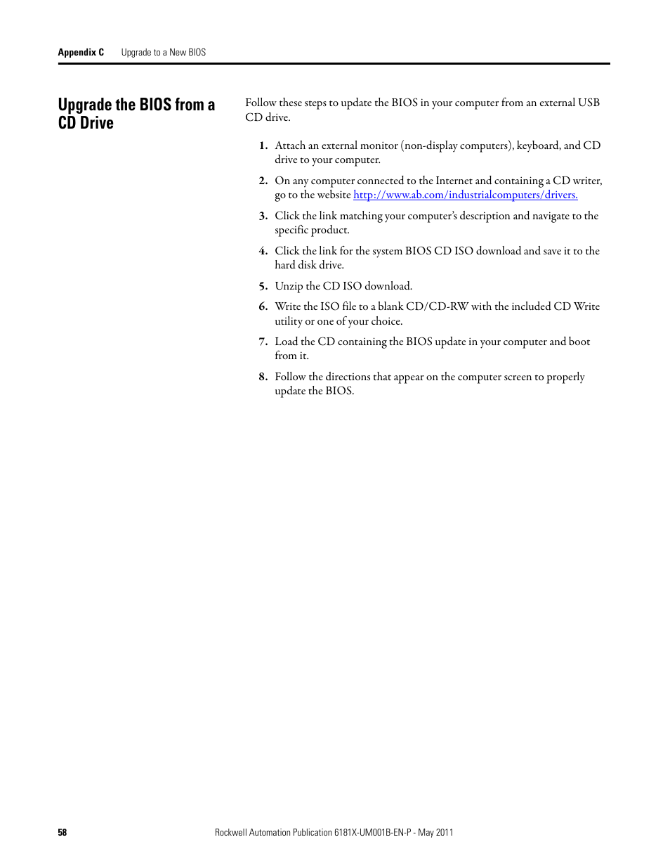 Upgrade the bios from a cd drive | Rockwell Automation 6181X-12TPXPDC Industrial Integrated Computers for Hazardous Locations User Manual | Page 58 / 68
