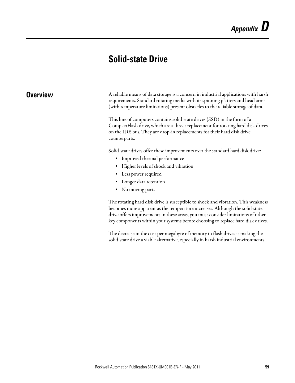 Appendix d, Solid-state drive, Overview | Rockwell Automation 6181X-12TPXPDC Industrial Integrated Computers for Hazardous Locations User Manual | Page 59 / 68